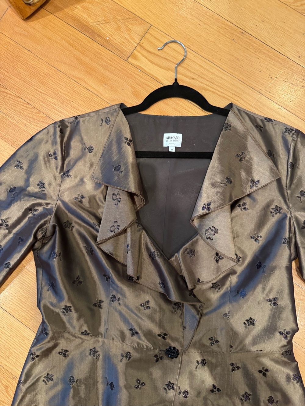 Vintage Armani  Collezioni Bronze Metallic Floral Jacquard Ruffle Peplum Blouse - Picture 5 of 14